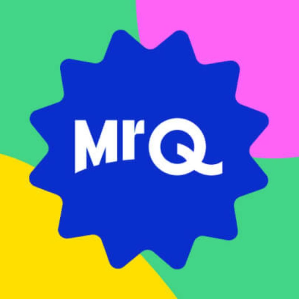 MrQ logo, white text on a blue starburst shape, colorful background in green, yellow, and pink