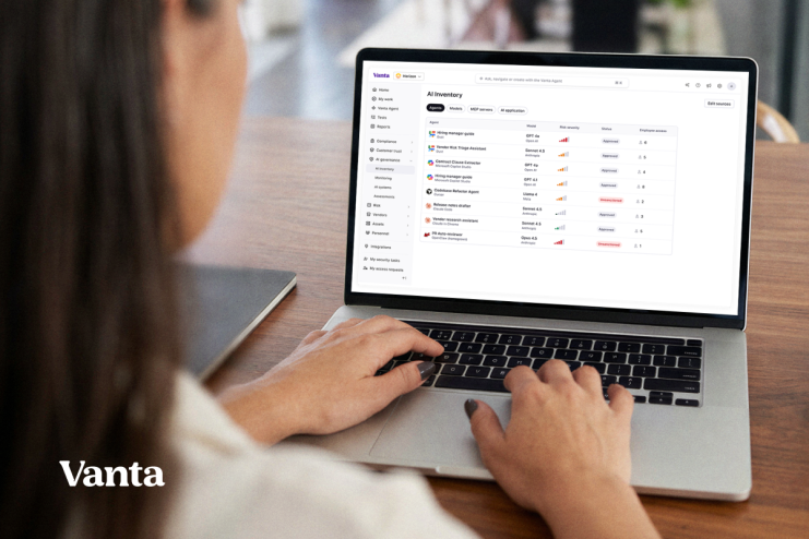Professional typing on a laptop displaying Vantas AI Inventory dashboard with various AI agents and their risk levels.