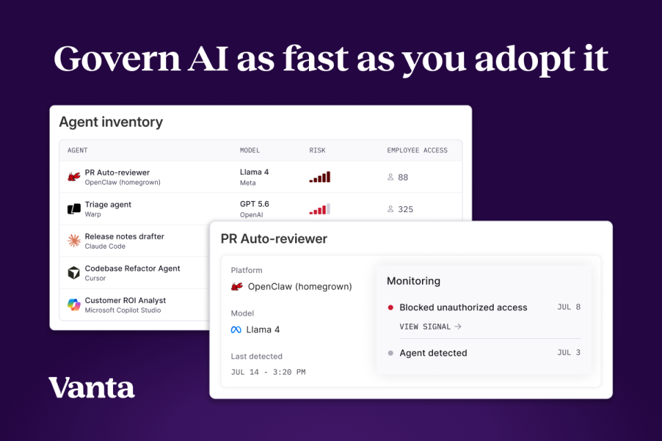Vanta AI agent inventory dashboard showing PR Auto-reviewer details, monitoring, risk, and employee access.