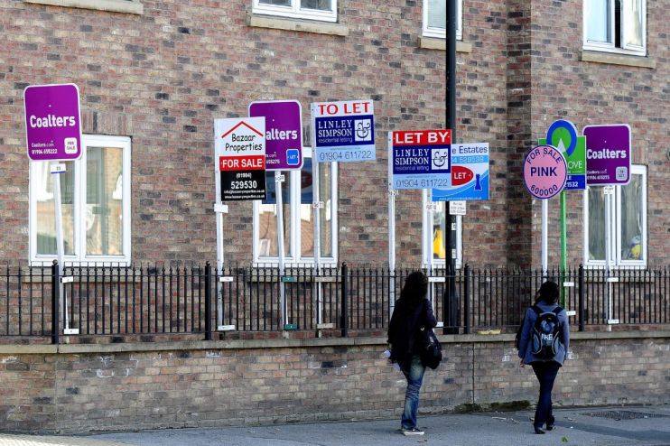 Numerous For Sale and To Let signs from various real estate agents outside a brick building.