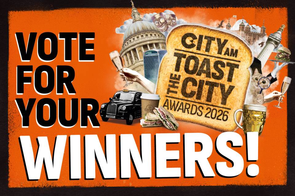 Vote For Your Winners! City AM Toast the City Awards 2026 graphic with London landmarks, champagne, and food.