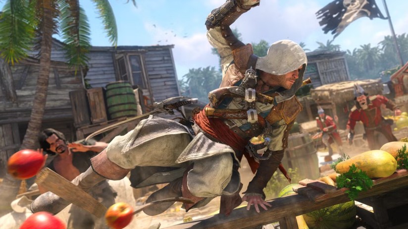 Assassins Creed Black Flag Resynced game scene featuring a pirate ship sailing under a dramatic sunset sky