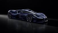 Dark blue Bugatti Solitaire Destrier hypercar with sleek design and silver trim, against a black background