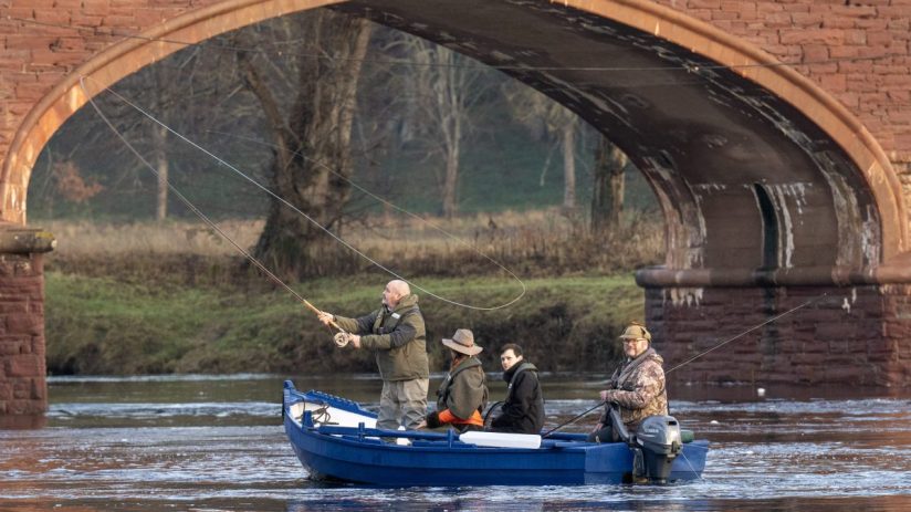 Four people fishing from a blue boat under a brick bridge on a river.