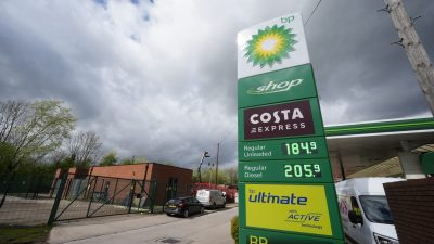 BP gas station sign displaying fuel prices: Regular Unleaded 184.9 and Regular Diesel 205.9.