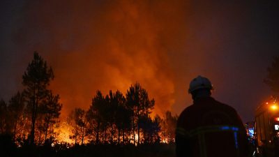 Firefighter in helmet and uniform watching a blazing forest fire at night, red glow in the sky