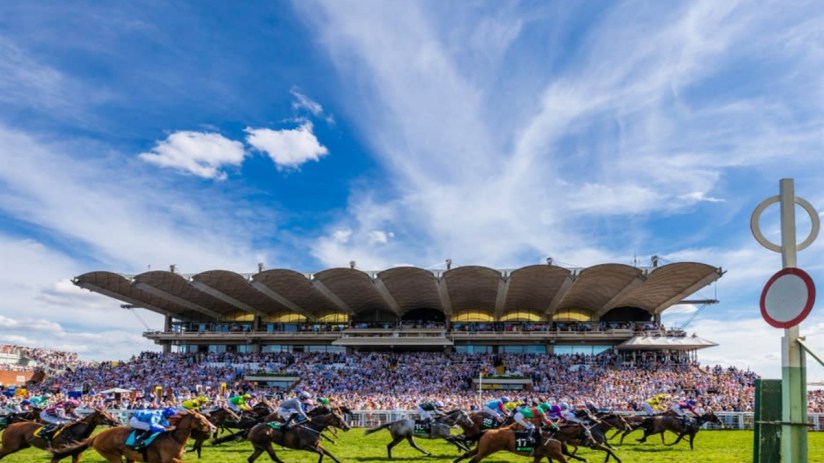 Horses and jockeys racing past a grandstand packed with spectators at the Qatar Goodwood Festival under a blue sky