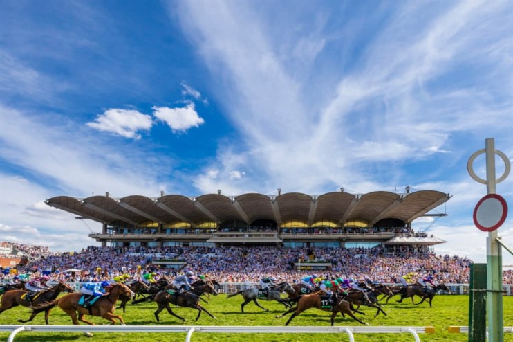 Horses and jockeys racing past a grandstand packed with spectators at the Qatar Goodwood Festival under a blue sky