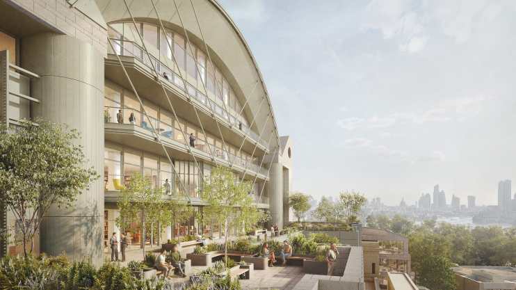 Architectural rendering of a modern building with a curved roof, balconies, and a landscaped terrace with city skyline views.