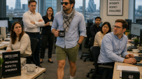 Man in shorts and sunglasses walking through an office, holding a Free Palestine mug, while colleagues watch in disbelief.