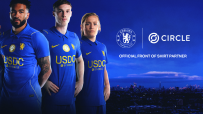 Four Chelsea FC players in blue jerseys with USDC by Circle branding, announcing their official front of shirt partnership.
