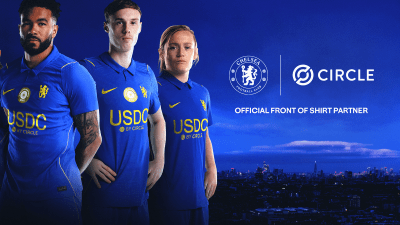 Four Chelsea FC players in blue jerseys with USDC by Circle branding, announcing their official front of shirt partnership.