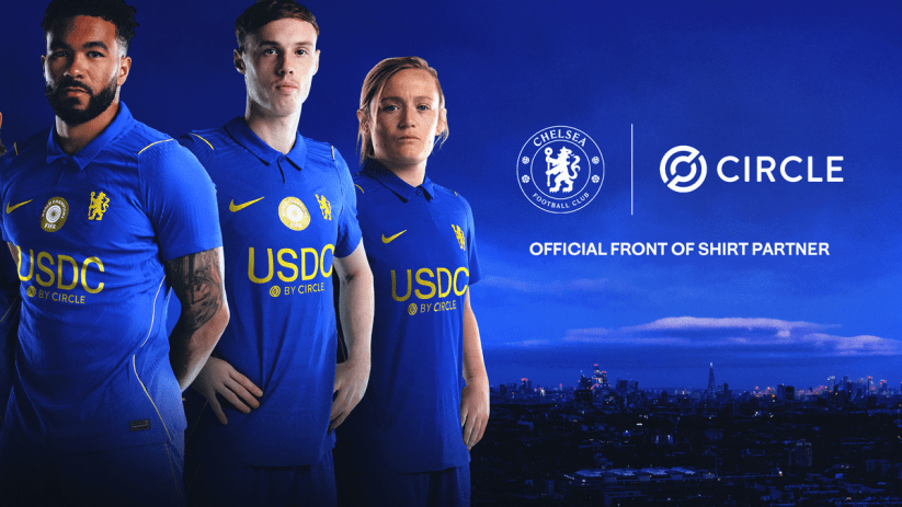 Four Chelsea FC players in blue jerseys with USDC by Circle branding, announcing their official front of shirt partnership.