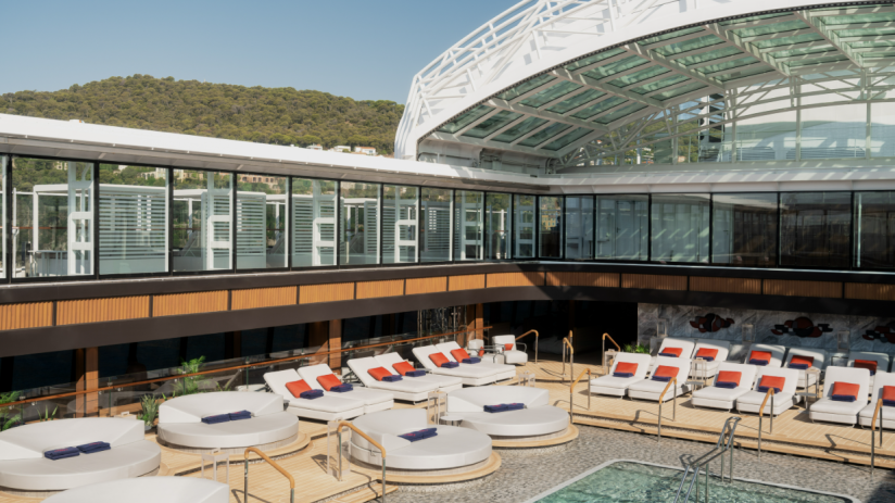 Luxury cruise ship Explora pool deck with lounge chairs and circular daybeds under a retractable glass roof