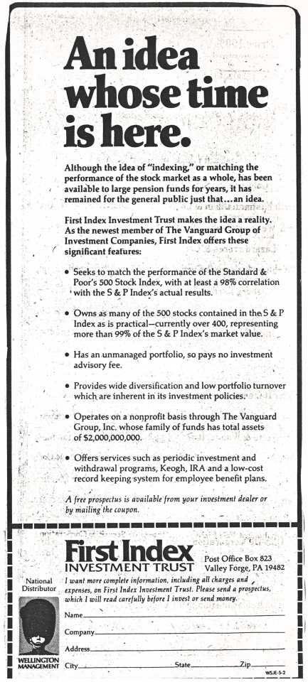 Vintage newspaper advertisement for First Index Investment Trust, detailing its features and offering a prospectus.
