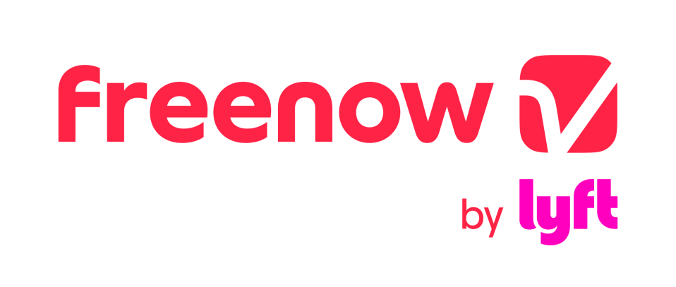 Freenow by Lyft logo in red and pink on a white background. Freenow is in red, by Lyft is in pink.