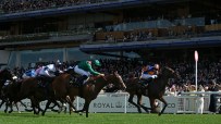 Jockeys on horseback racing on a green turf track with a crowd of spectators in the background.