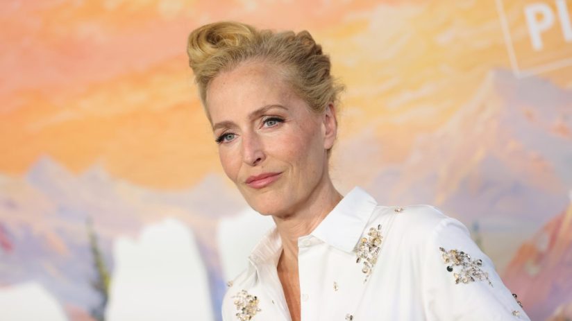 Gillian Anderson in a white collared shirt with embellishments, blonde hair updo, soft makeup, against a blurred backdrop