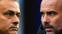 Close-up of Jose Mourinho and Pep Guardiola looking intently, side by side, during a football match.