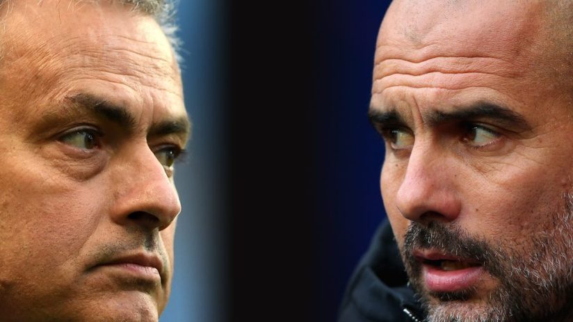 Close-up of Jose Mourinho and Pep Guardiola looking intently, side by side, during a football match.