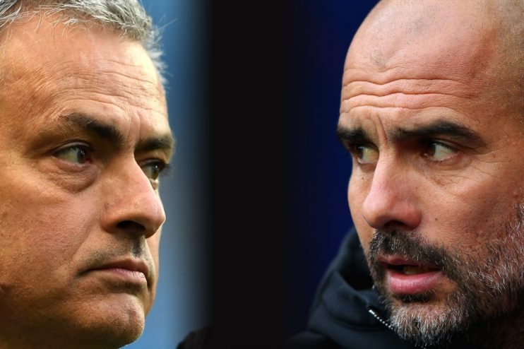 Close-up of Jose Mourinho and Pep Guardiola looking intently, side by side, during a football match.