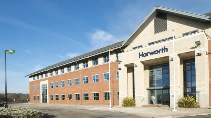 Harworth Group building exterior with a brick facade and prominent entrance under a blue sky