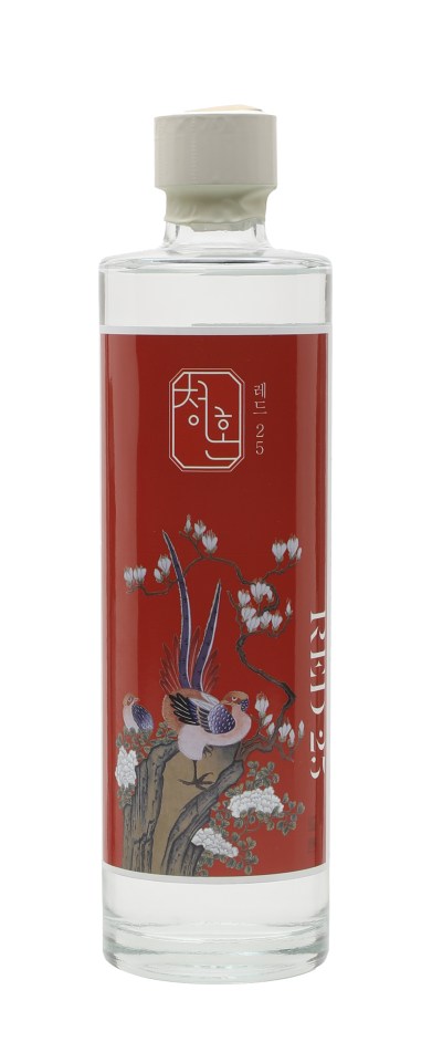 JJ Brewery Red Soju bottle with traditional Korean art, vibrant red label, and bird motif.