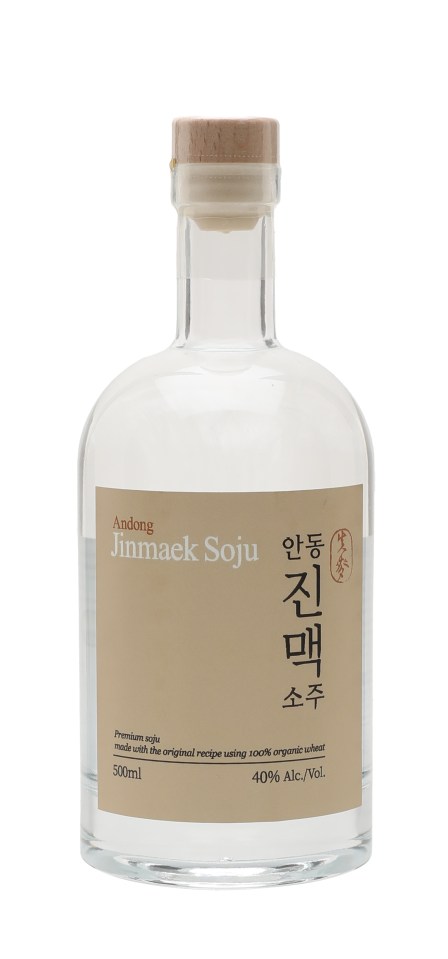 Bottle of Andong Jinmaek 40% Wheat Soju, 500ml, with a light brown label and cork stopper.