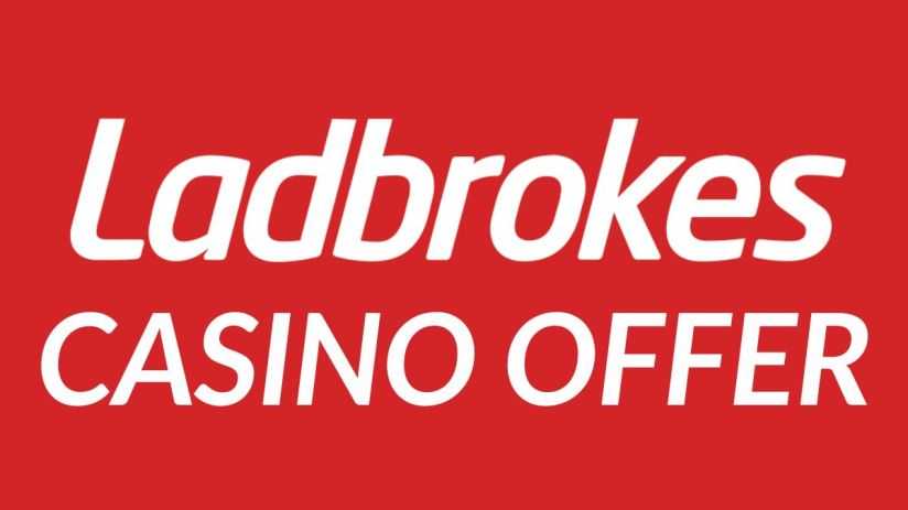 Ladbrokes Casino Offer text in white on a red background, promoting a casino bonus or promotion