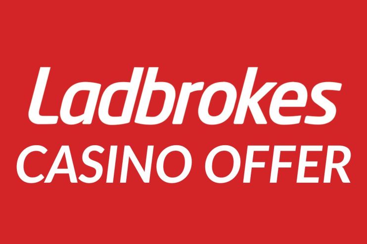 Ladbrokes Casino Offer text in white on a red background, promoting a casino bonus or promotion