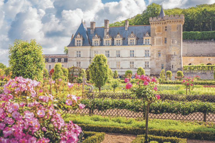 Ch&acirc;teau de Villandry in the Loire Valley, France, with its famous ornamental gardens and pink roses in bloom.