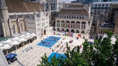 Aerial view of Guildhall Yard hosting sports activities for the London Sports Festival 2025 launch