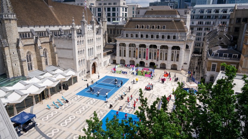 Aerial view of Guildhall Yard hosting sports activities for the London Sports Festival 2025 launch