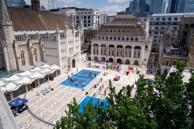 Aerial view of Guildhall Yard hosting sports activities for the London Sports Festival 2025 launch