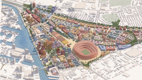 Architectural rendering of a vibrant, modern urban development surrounding a large football stadium