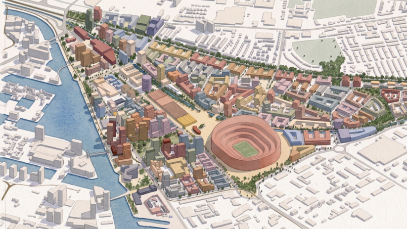 Architectural rendering of a vibrant, modern urban development surrounding a large football stadium