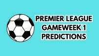 Premier League Gameweek 1 Predictions text with a black and white soccer ball on a teal background