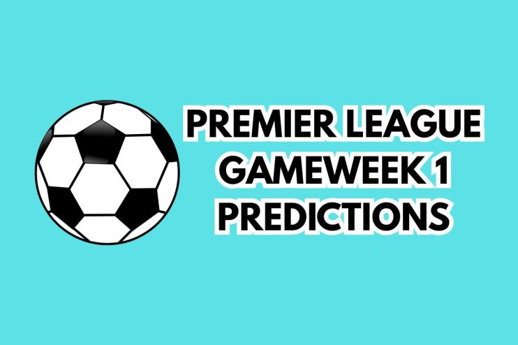 Premier League Gameweek 1 Predictions text with a black and white soccer ball on a teal background