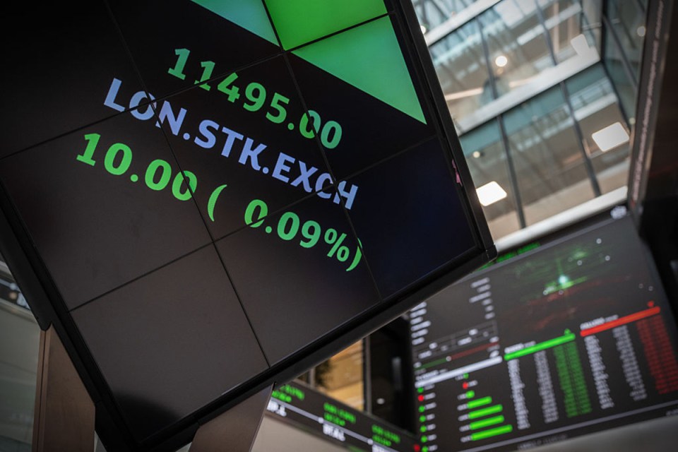 London Stock Exchange digital display showing stock prices, LON.STK.EXCH and green positive change.