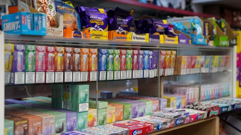 Retail display shelf in a shop showing various vape products, candy, and gum, with clear pricing and warning labels.