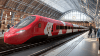 Red Virgin high-speed train on tracks at a station platform, under an arched glass roof, with blurred people.