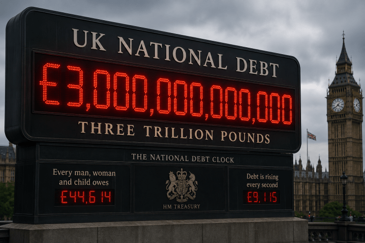 UK National Debt Clock showing &pound;3 trillion, with Big Ben and the Union Jack in the background.