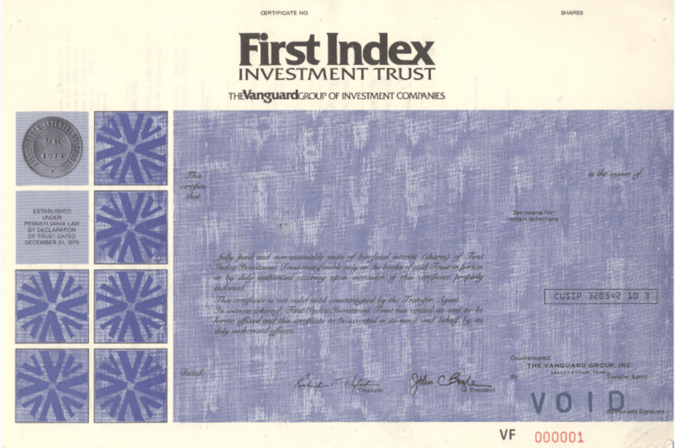 Vintage First Index Investment Trust certificate from The Vanguard Group, dated 1975, with signatures.