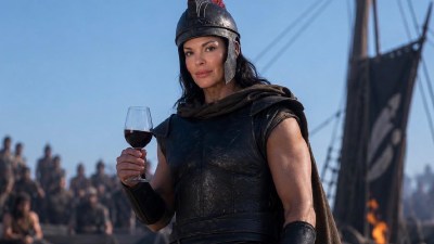 Libby in a warrior costume with a helmet, holding a glass of red wine, with an ancient ship and people in background.