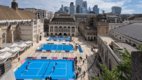 London Sports Festival at Guildhall Yard with temporary blue tennis courts and city skyline
