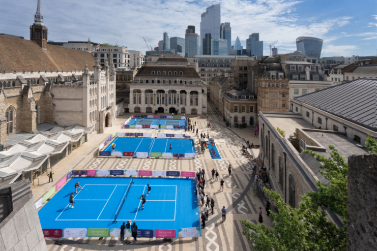London Sports Festival at Guildhall Yard with temporary blue tennis courts and city skyline
