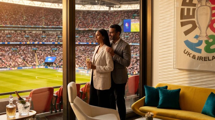 Couple in a luxury stadium suite enjoying a soccer match, with food, drinks, and a UEFA poster.