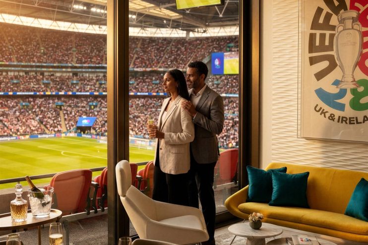 Couple in a luxury stadium suite enjoying a soccer match, with food, drinks, and a UEFA poster.