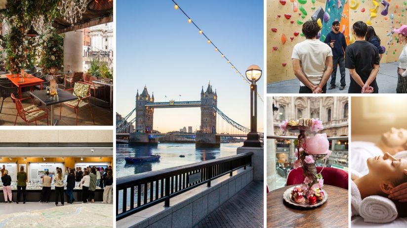 Collage of London attractions: Tower Bridge, outdoor dining, rock climbing, museum, afternoon tea, and spa.