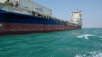 Cargo ship YEKTA 9 with NYK Logistics containers on turquoise water, clear sky. Maritime transport.